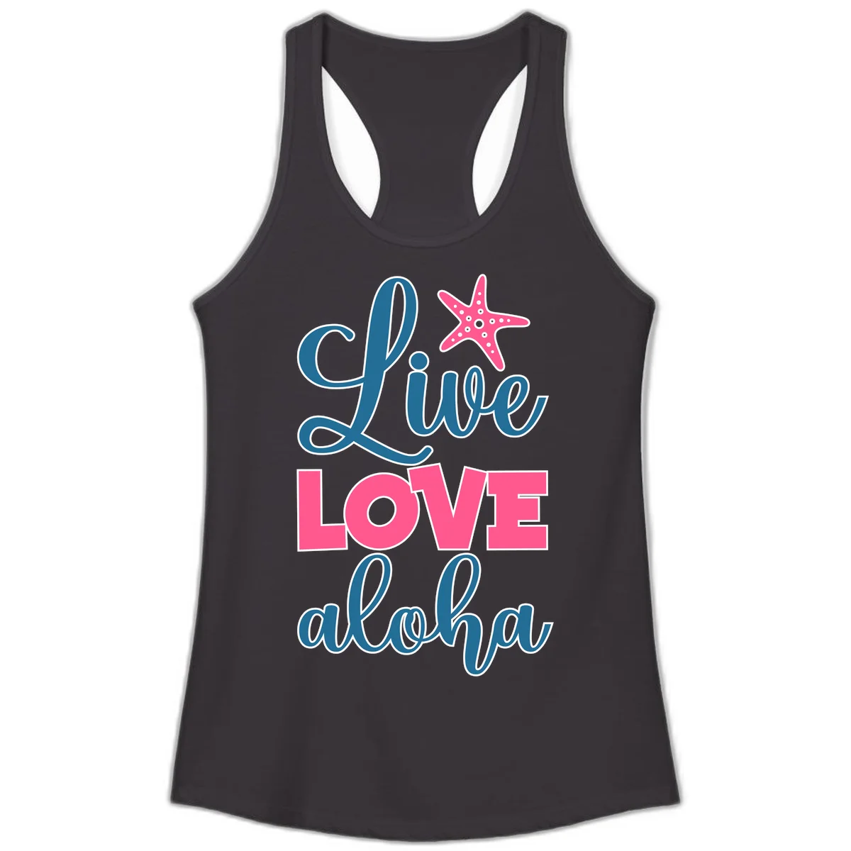 Live Life Aloha Starfish Ladies Tank in Black