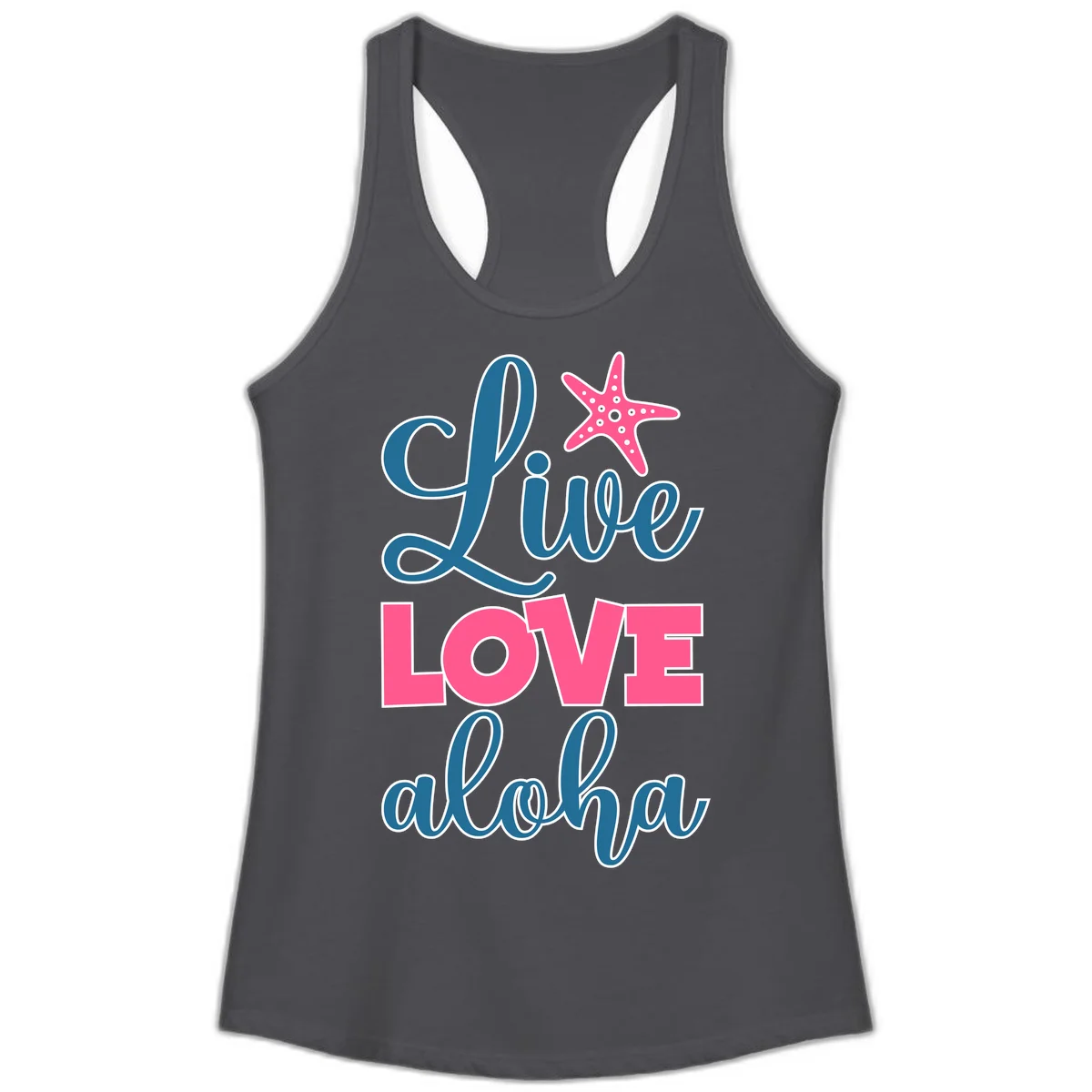 Live Life Aloha Starfish Ladies Tank in Solid Dark Gray