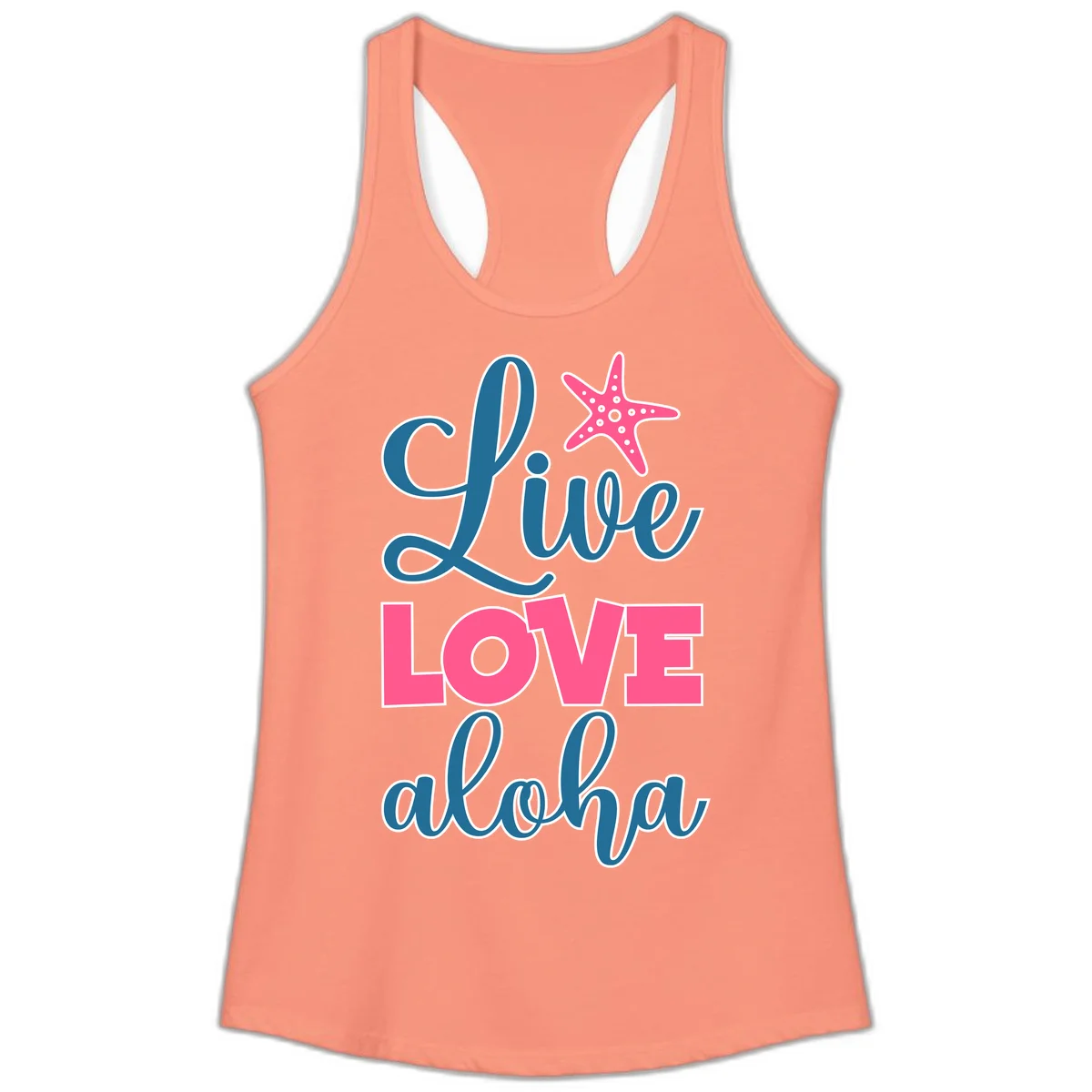 Live Life Aloha Starfish Ladies Tank in Solid Light Orange