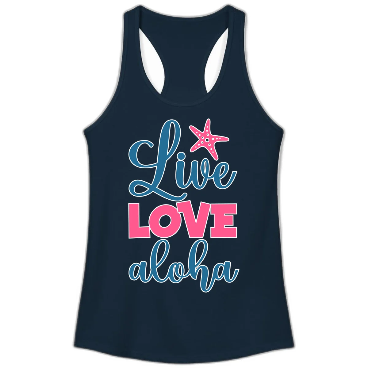 Live Life Aloha Starfish Ladies Tank in Solid Midnight Navy