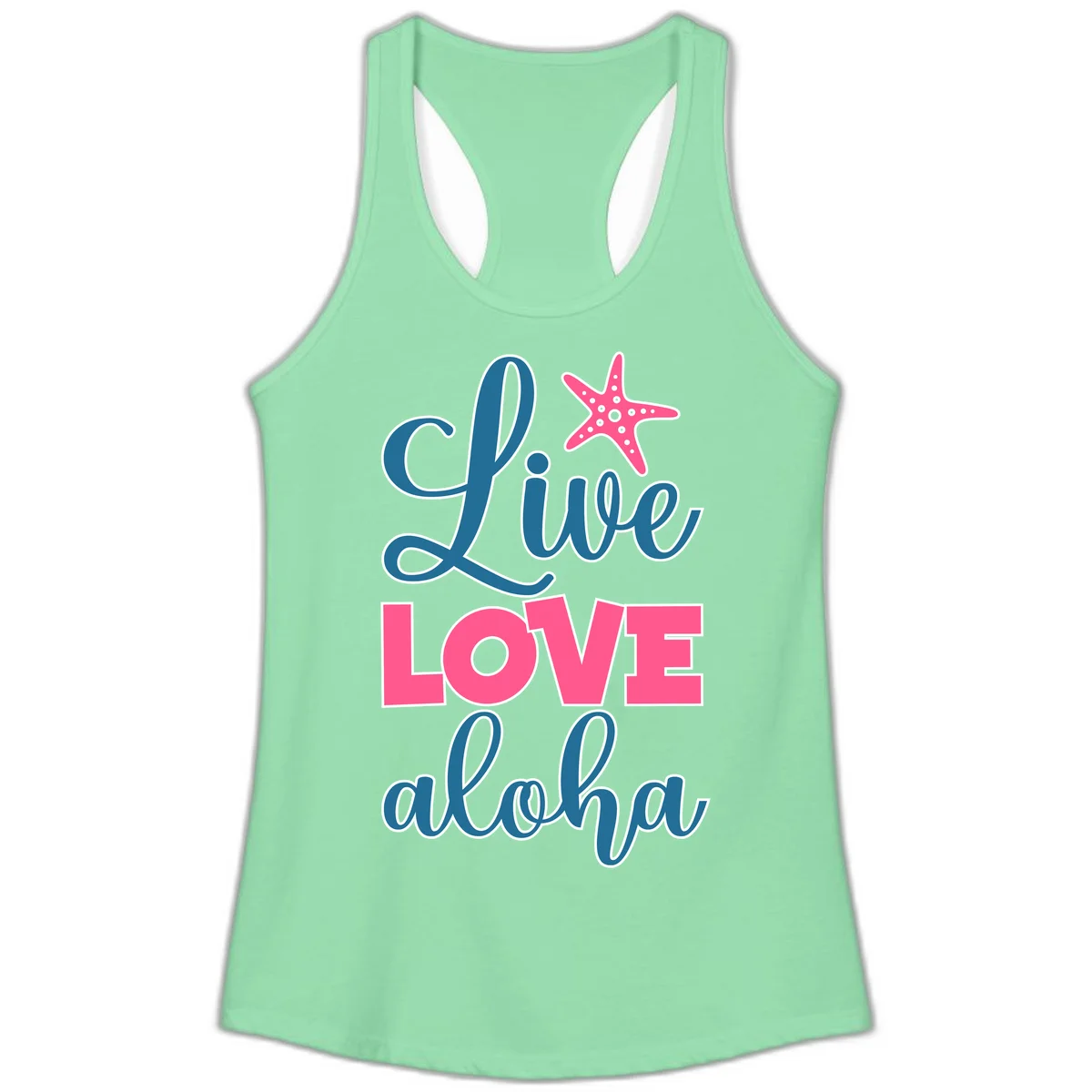 Live Life Aloha Starfish Ladies Tank in Solid Mint