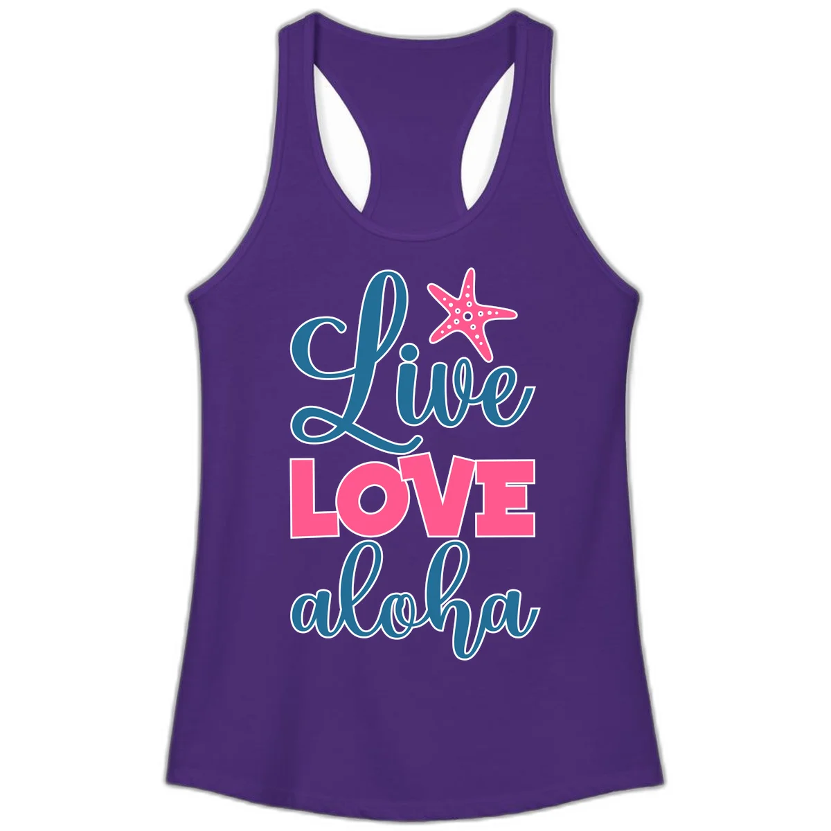 Live Life Aloha Starfish Ladies Tank in Solid Purple Rush