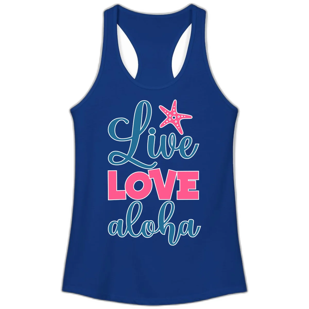 Live Life Aloha Starfish Ladies Tank in Solid Royal