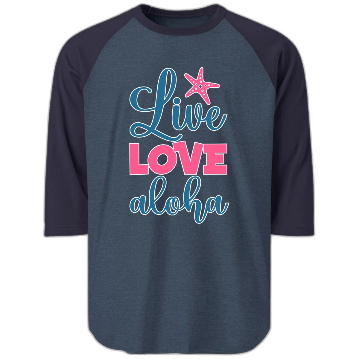 Live Life Aloha Starfish Raglan 3/4 in Heather Denim Navy