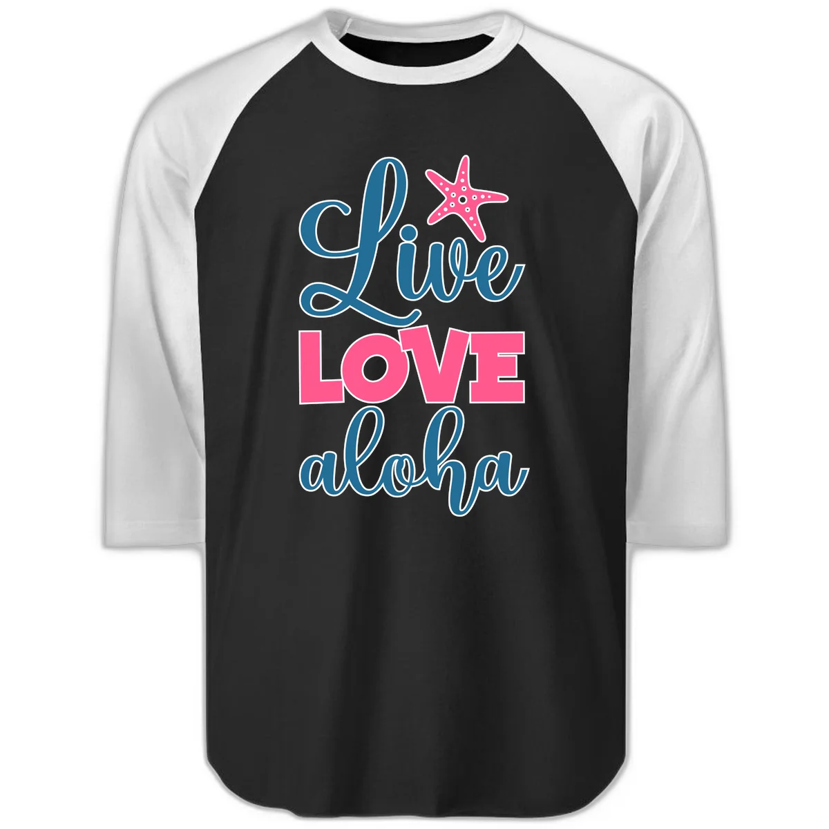 Live Life Aloha Starfish Raglan 3/4 in Black White