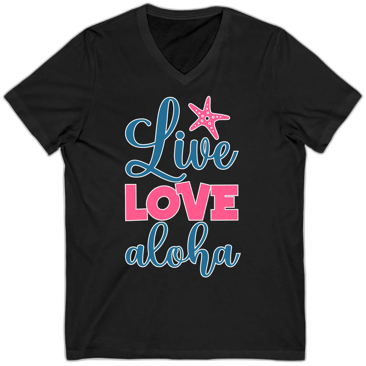 Live Life Aloha Starfish V-Neck Tee in Black
