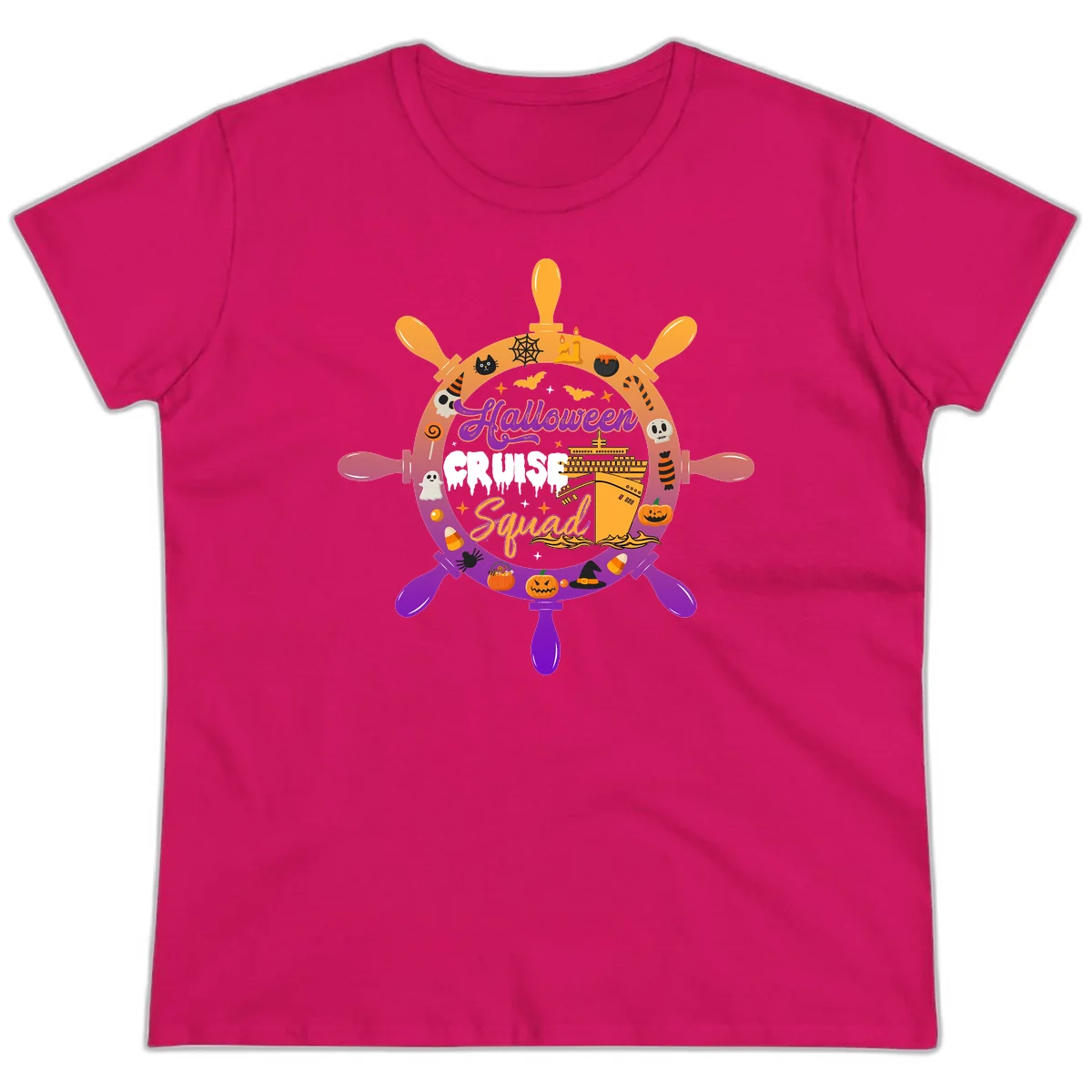 Ladies Halloween Cruise Squad Vacation Tee in Heliconia