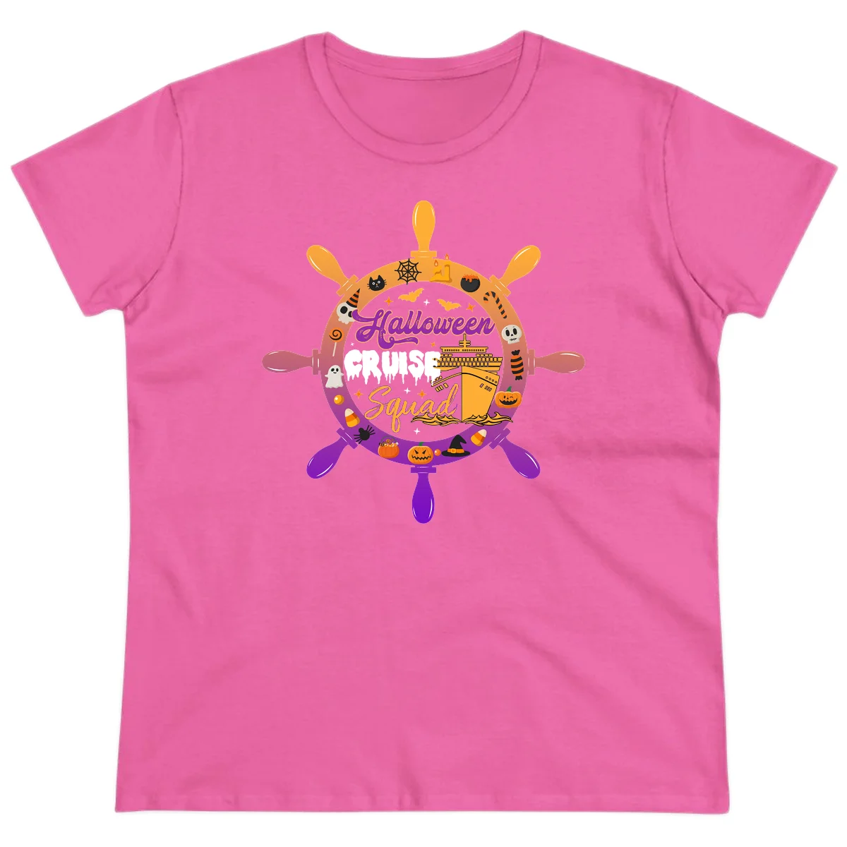 Ladies Halloween Cruise Squad Vacation Tee in Azalea