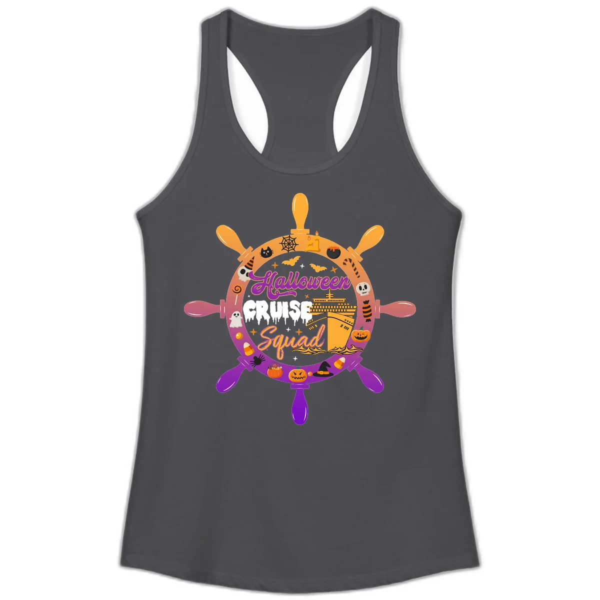 Ladies Halloween Cruise Squad Racerback Tank in Solid Dark Gray