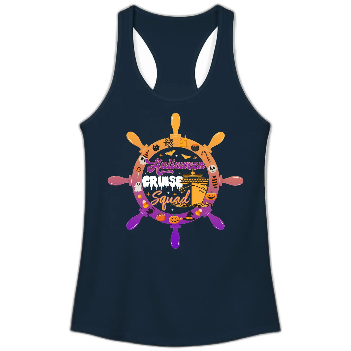 Ladies Halloween Cruise Squad Racerback Tank in Solid Midnight Navy