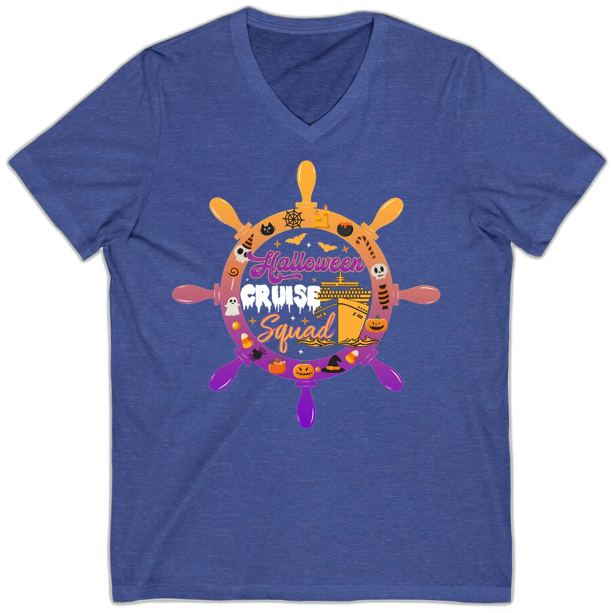 Halloween Cruise Squad Spooky V-Neck Tee in Heather True Royal