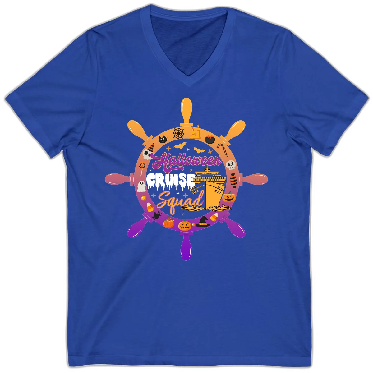 Halloween Cruise Squad Spooky V-Neck Tee in True Royal