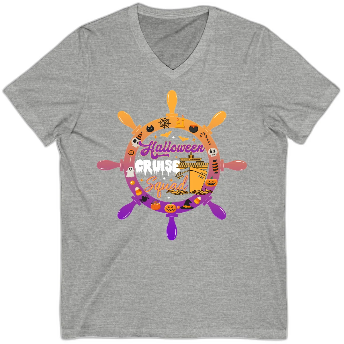 Halloween Cruise Squad Spooky V-Neck Tee in Athletic Heather