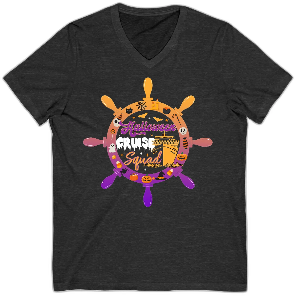 Halloween Cruise Squad Spooky V-Neck Tee in Dark Grey Heather