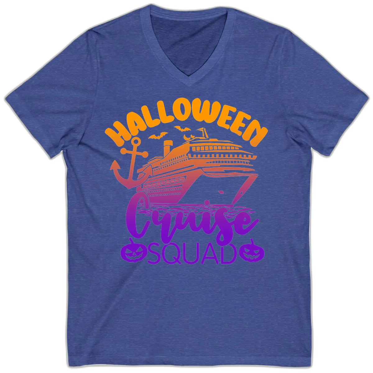 Halloween Cruise Squad Spooky Vacation V-Neck Tee in Heather True Royal
