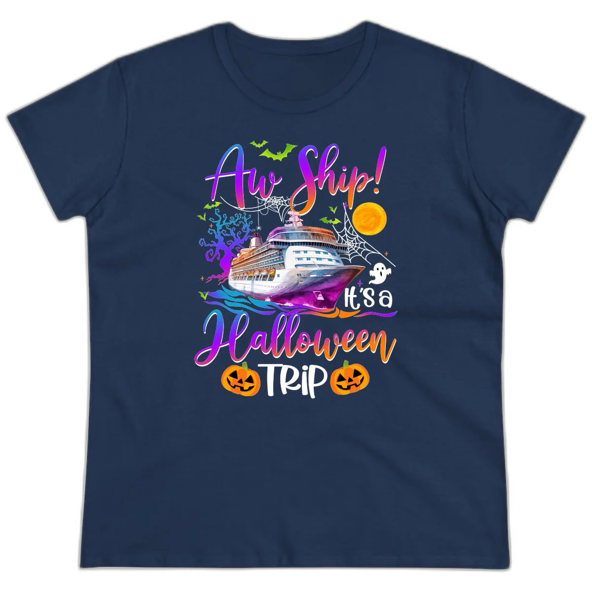 Ahoy Ship It's A Halloween Trip Ladies Tee in Navy