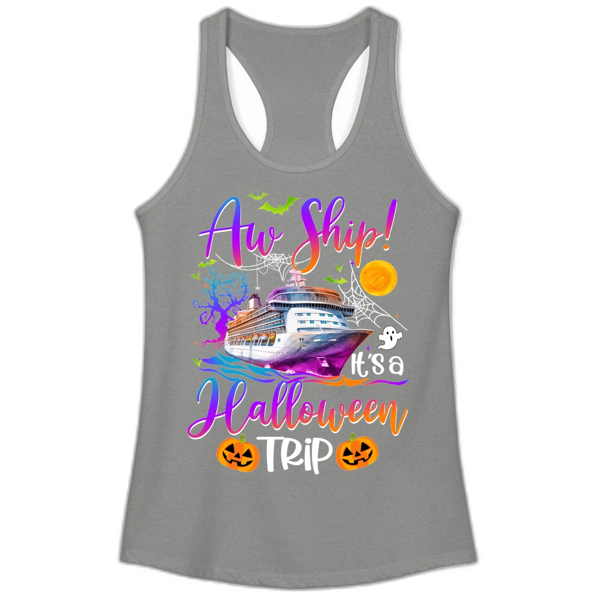 Ahoy Ship It's A Halloween Trip Ladies Tank in Heather Grey