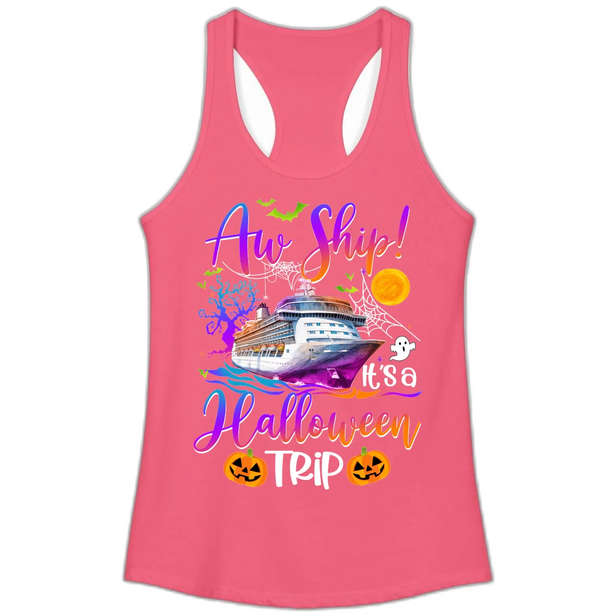 Ahoy Ship It's A Halloween Trip Ladies Tank in Hot Pink