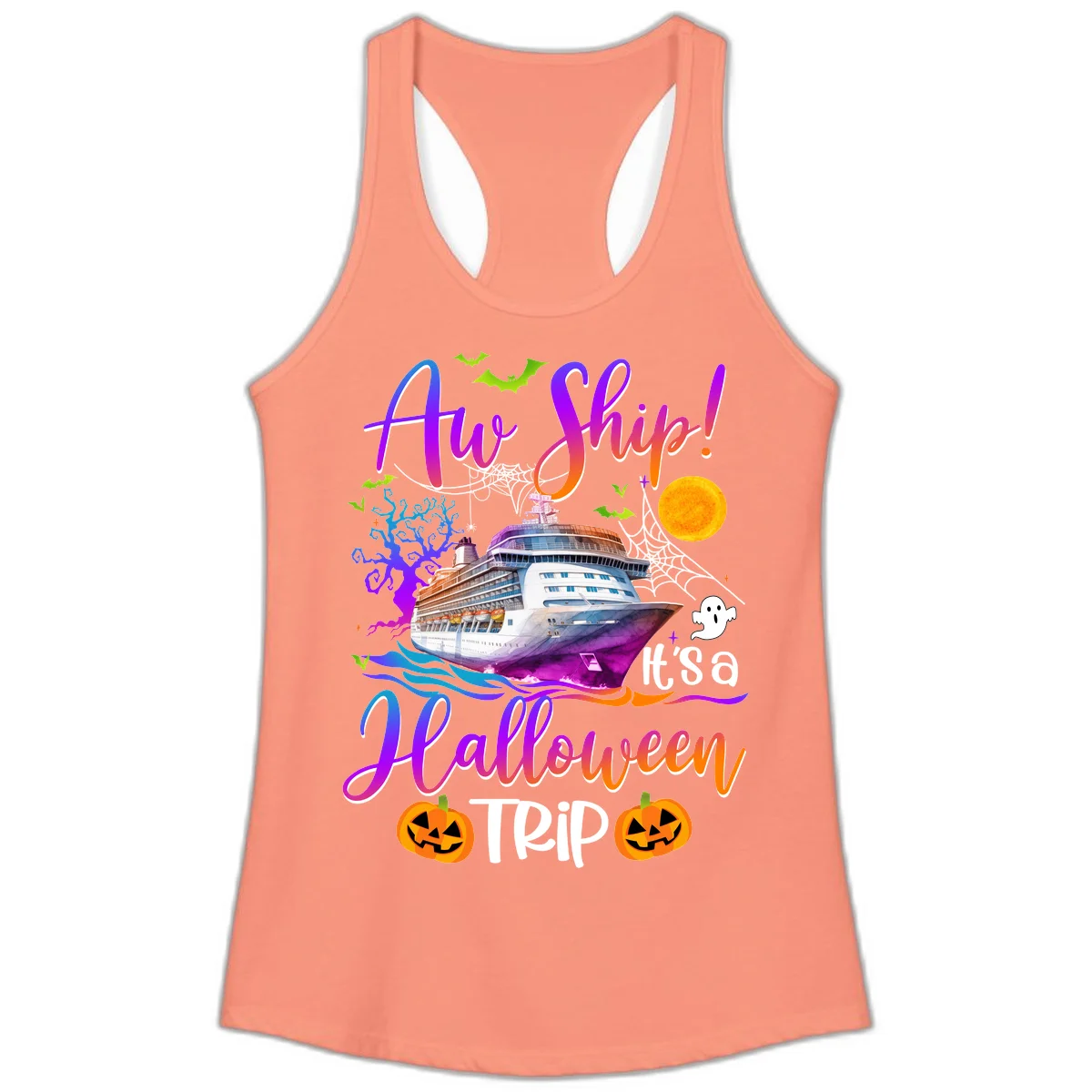 Ahoy Ship It's A Halloween Trip Ladies Tank in Solid Light Orange