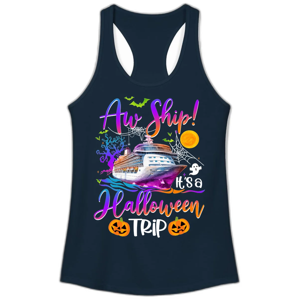 Ahoy Ship It's A Halloween Trip Ladies Tank in Solid Midnight Navy