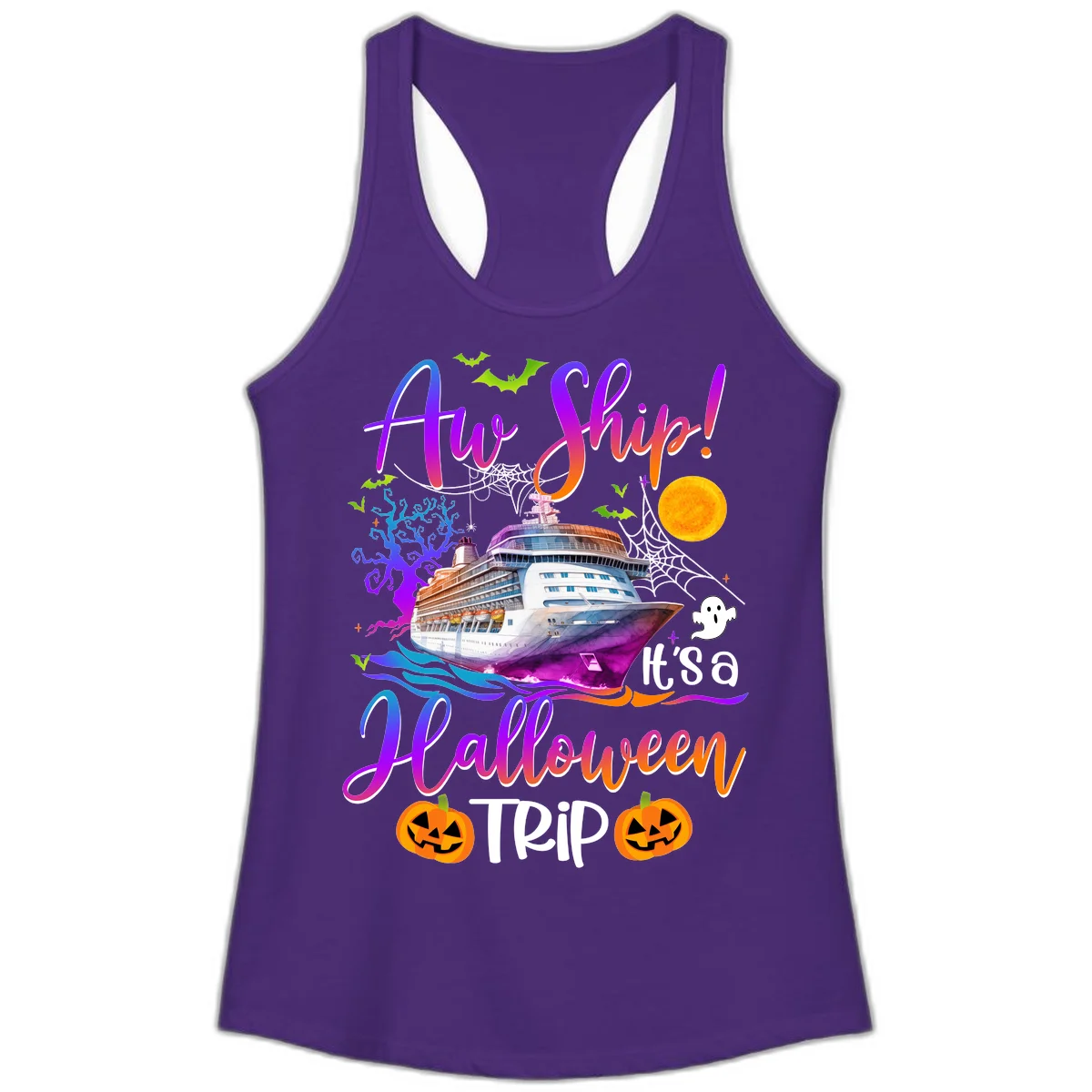 Ahoy Ship It's A Halloween Trip Ladies Tank in Solid Purple Rush