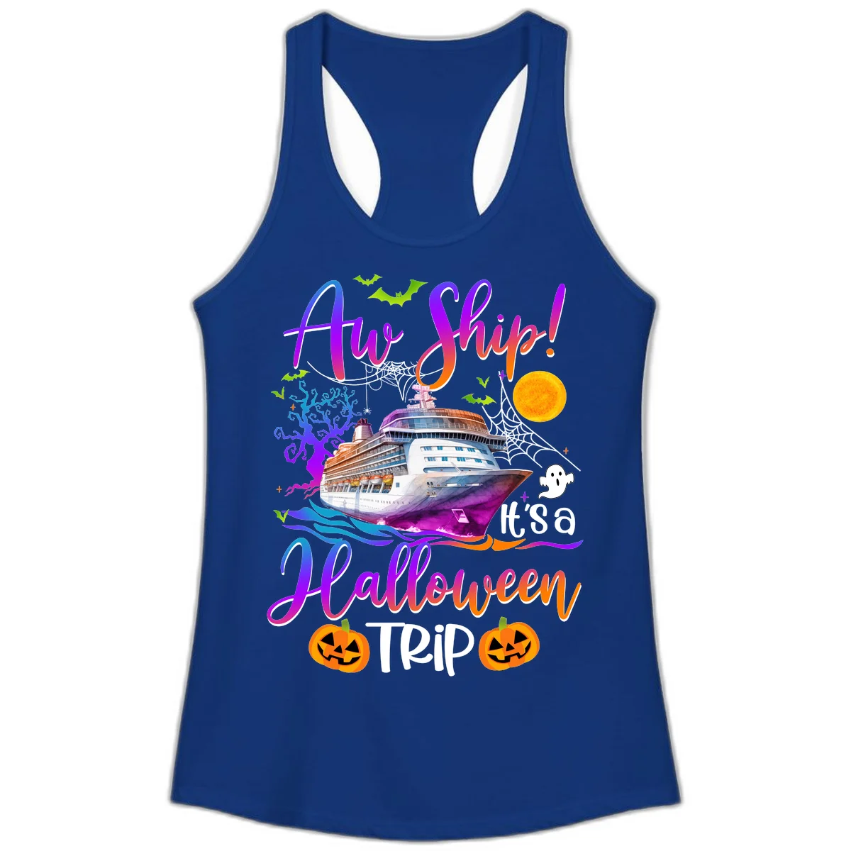 Ahoy Ship It's A Halloween Trip Ladies Tank in Solid Royal