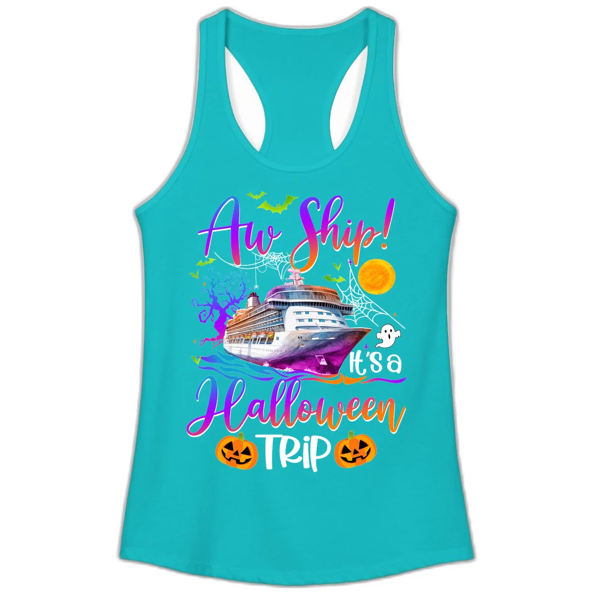 Ahoy Ship It's A Halloween Trip Ladies Tank in Tahiti Blue