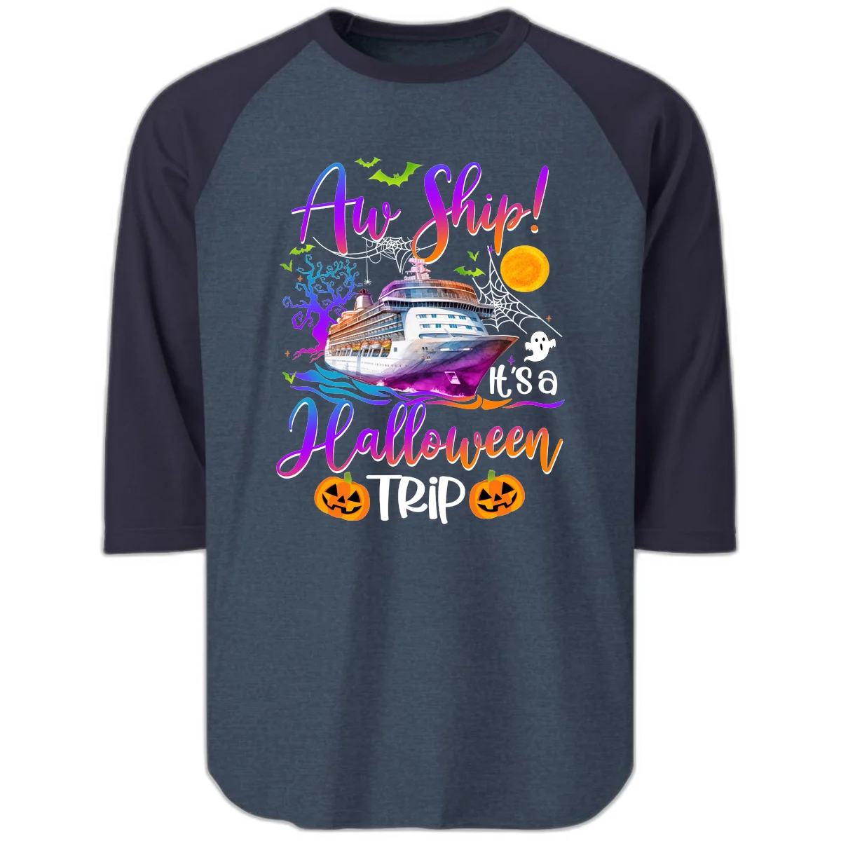 Ahoy Ship It's A Halloween Trip Raglan 3/4 in Heather Denim Navy
