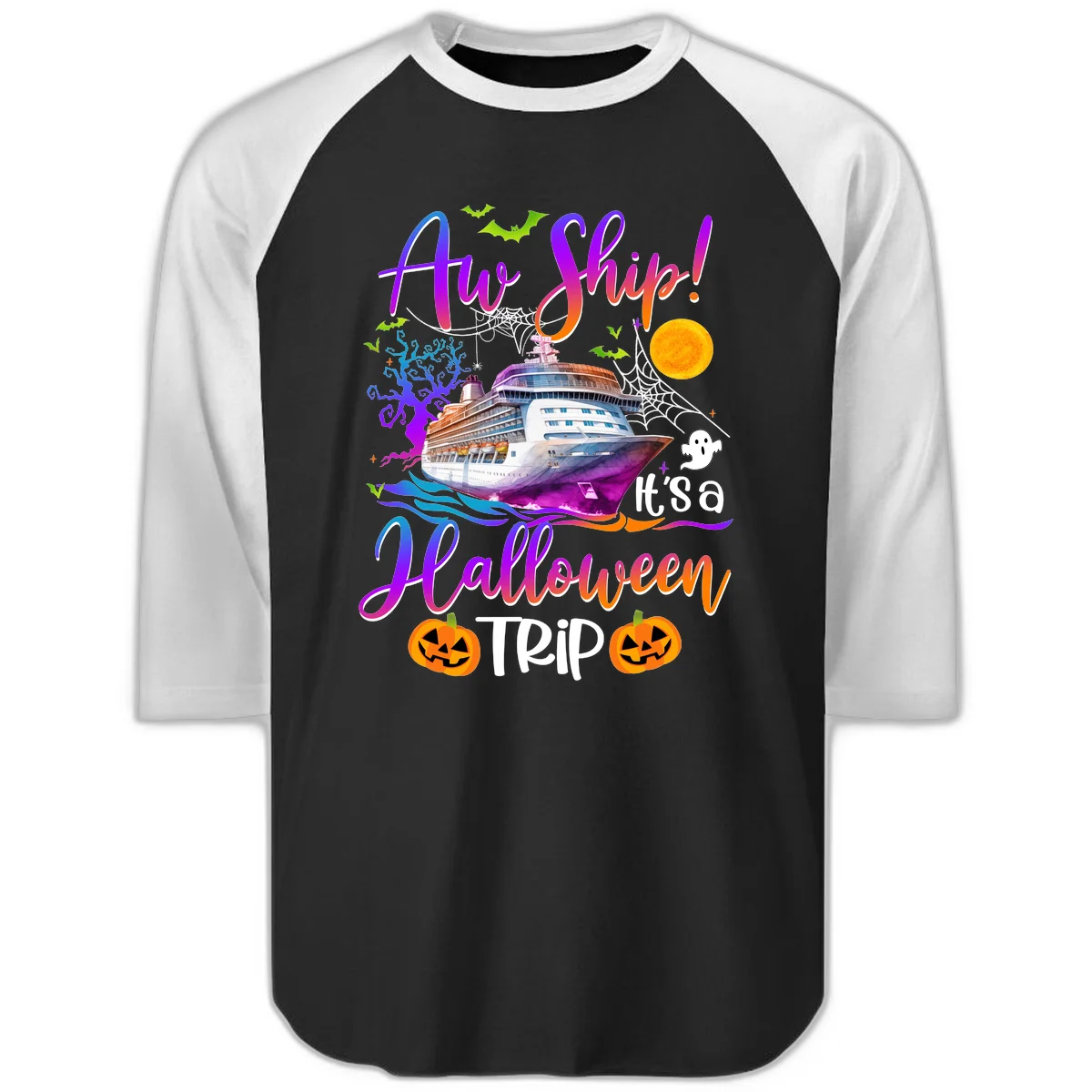 Ahoy Ship It's A Halloween Trip Raglan 3/4 in Black White