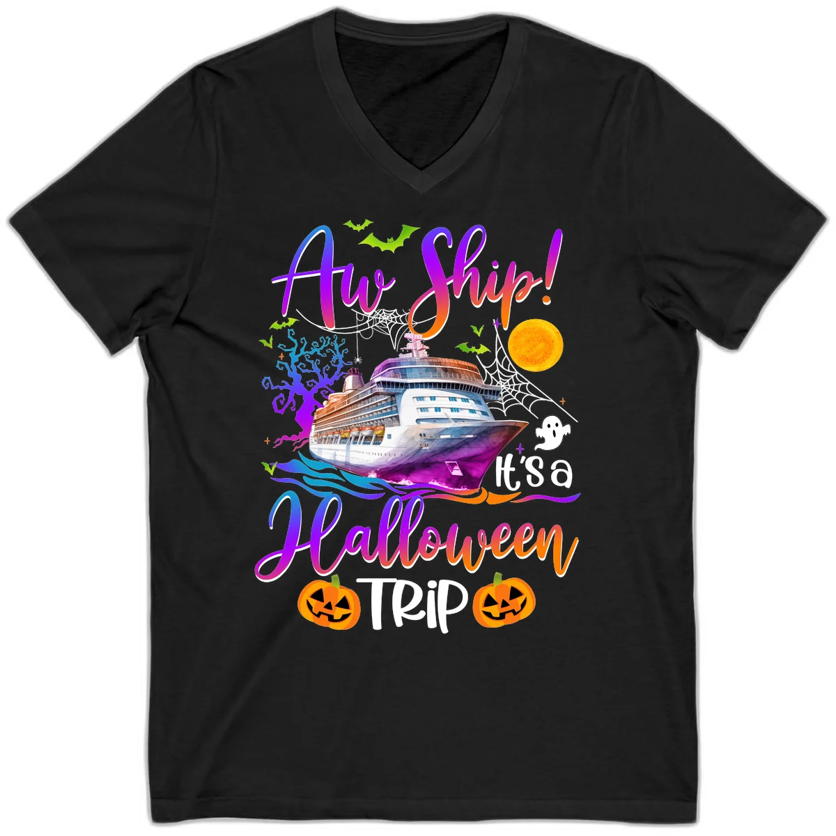 Ahoy Ship It's A Halloween Trip V-Neck in Black