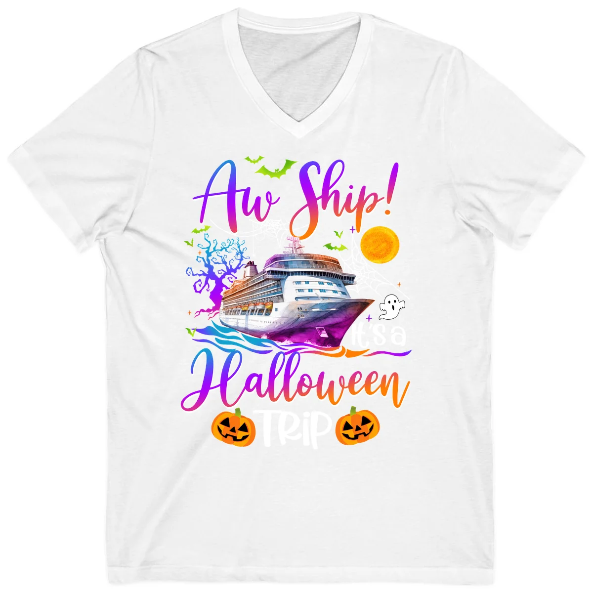 Ahoy Ship It's A Halloween Trip V-Neck in White