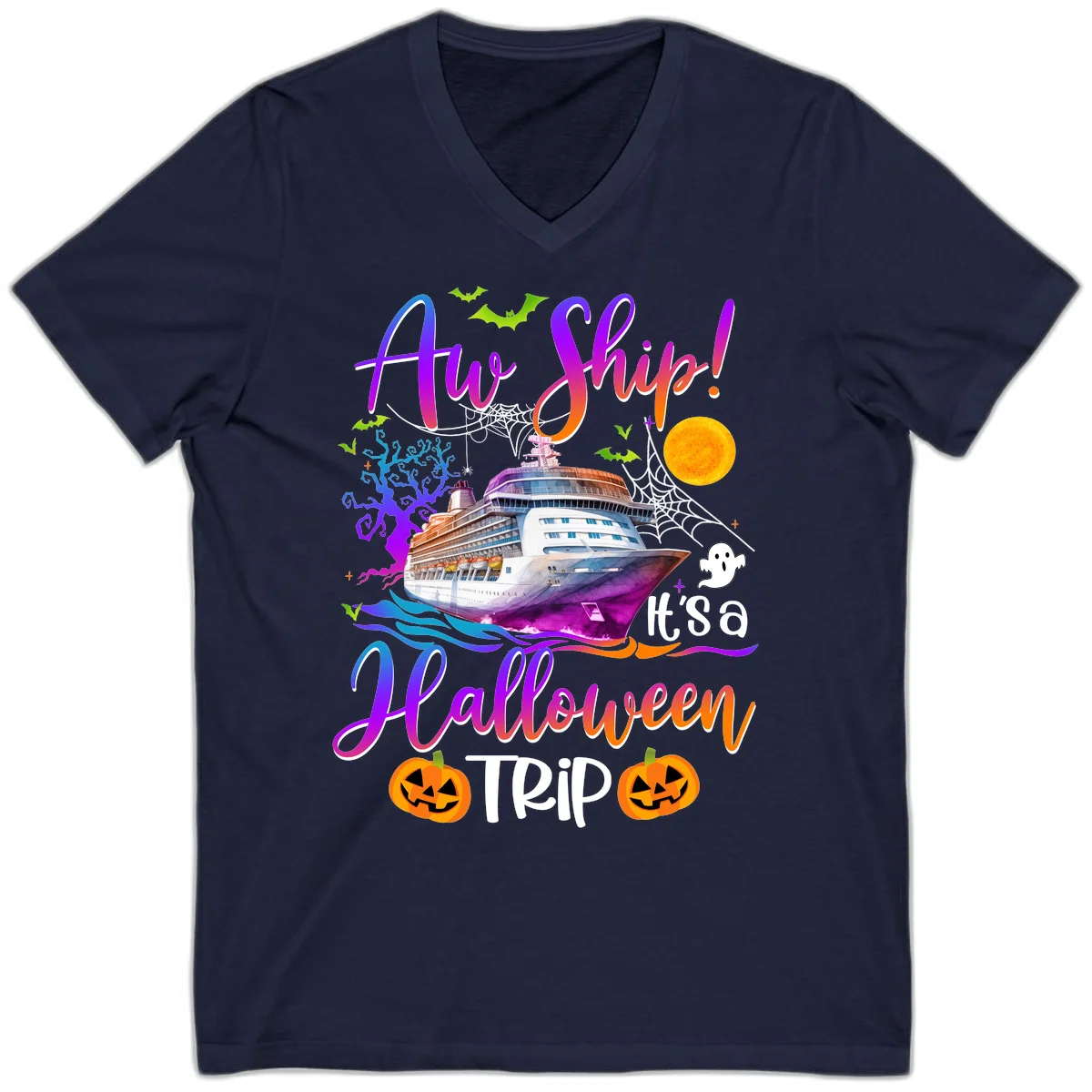 Ahoy Ship It's A Halloween Trip V-Neck in Navy