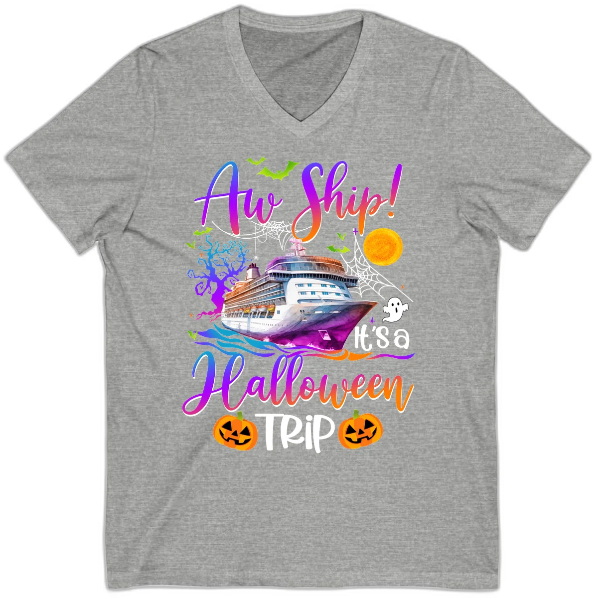Ahoy Ship It's A Halloween Trip V-Neck in Athletic Heather