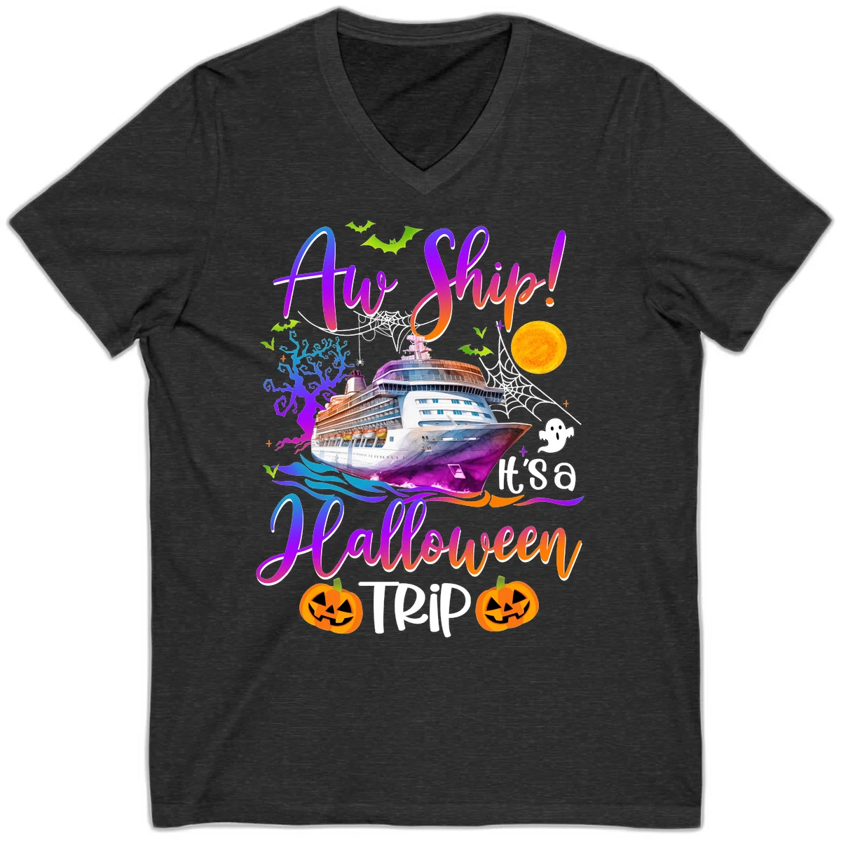 Ahoy Ship It's A Halloween Trip V-Neck in Dark Grey Heather