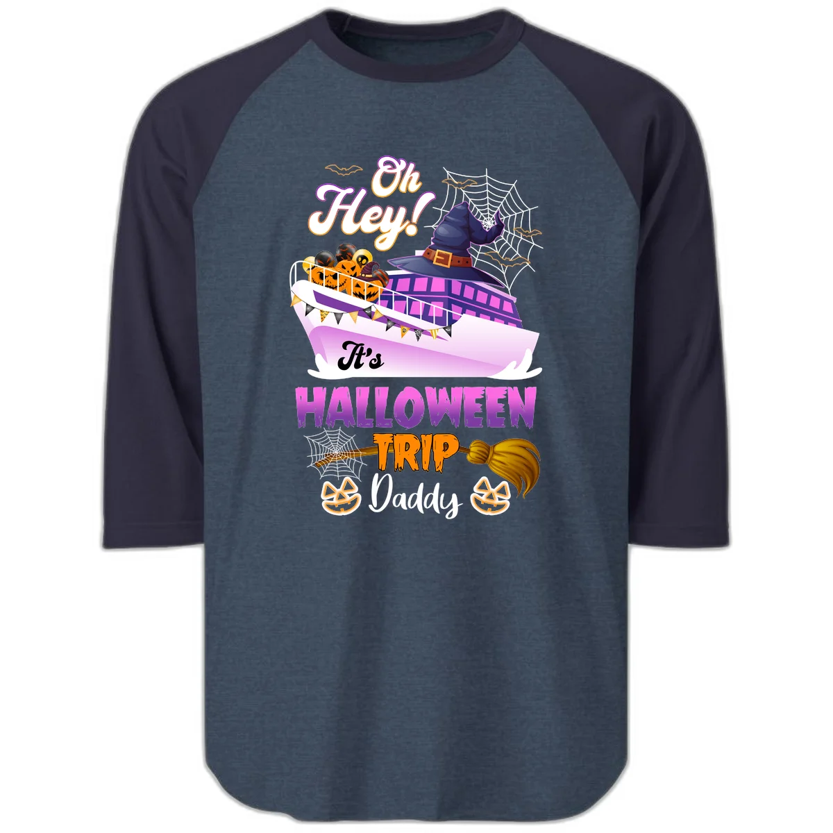 Oh Hey It's Halloween Trip Daddy Raglan 3/4 Sleeve Tee in Heather Denim Navy