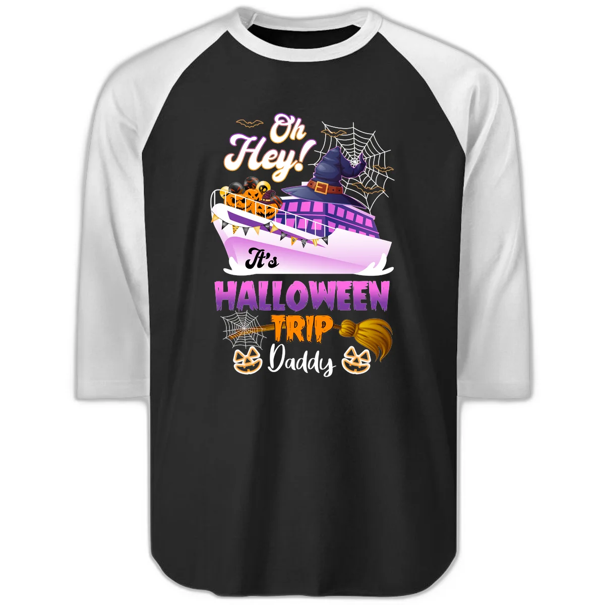 Oh Hey It's Halloween Trip Daddy Raglan 3/4 Sleeve Tee in Black White