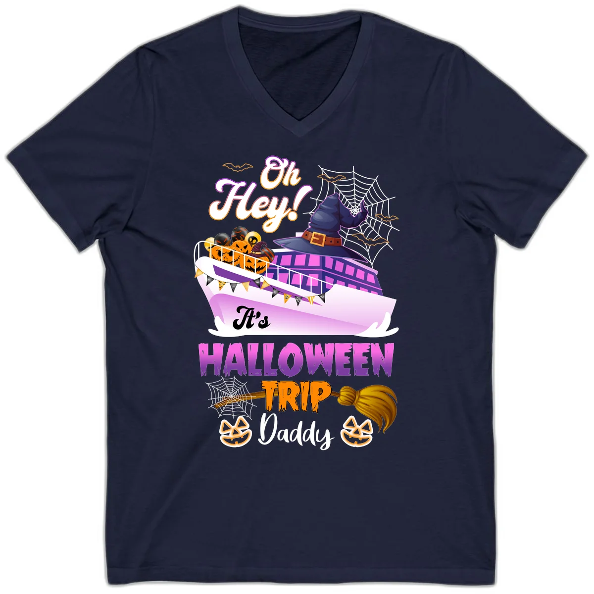Oh Hey It's Halloween Trip Daddy V-Neck T-Shirt in Navy