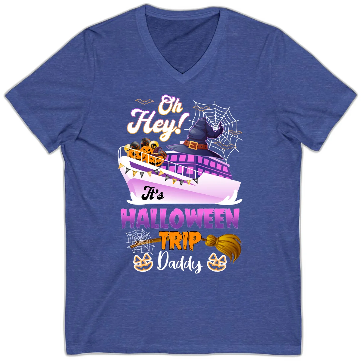 Oh Hey It's Halloween Trip Daddy V-Neck T-Shirt in Heather True Royal