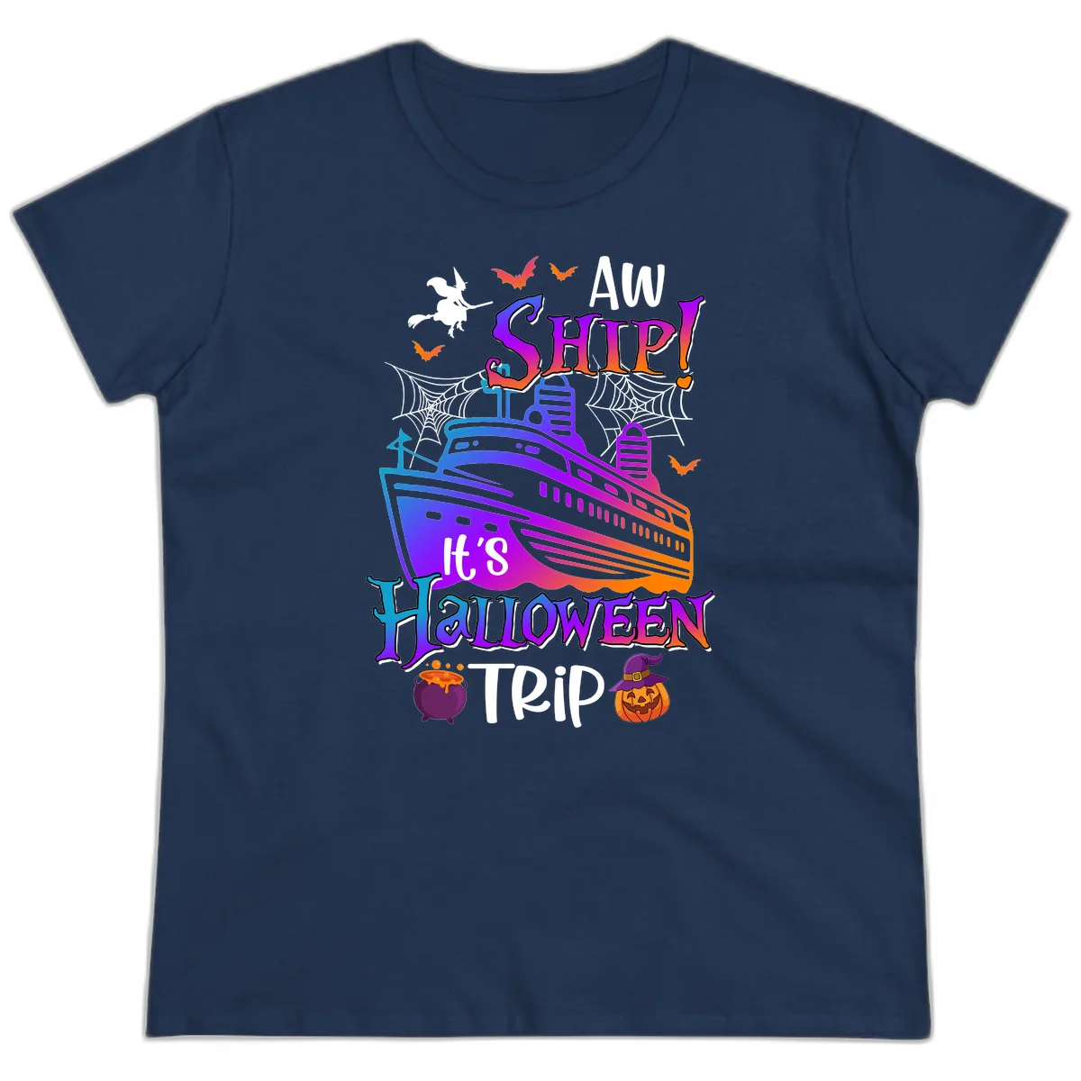 Aw Ship It's Halloween Trip Ladies Tee in Navy
