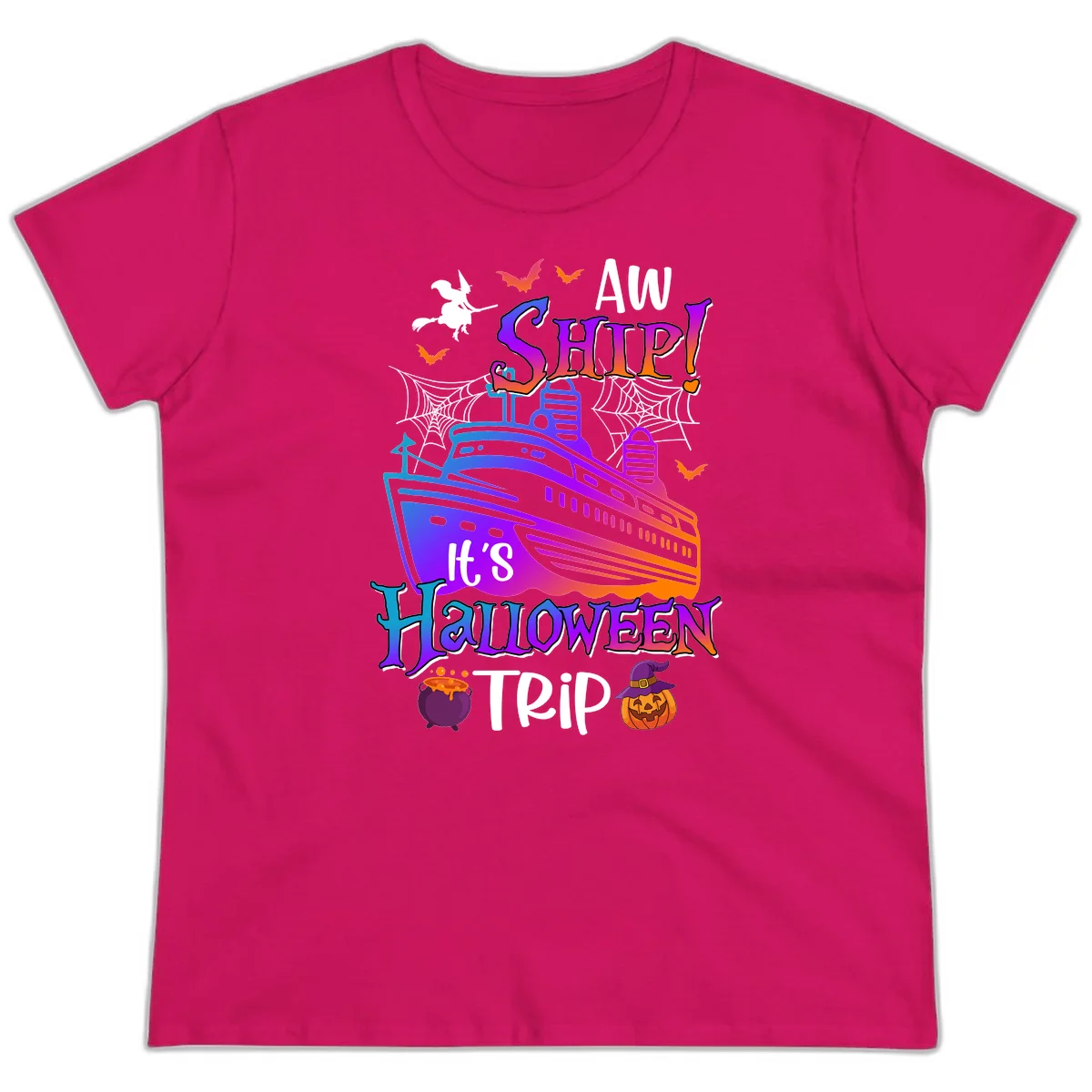 Aw Ship It's Halloween Trip Ladies Tee in Heliconia