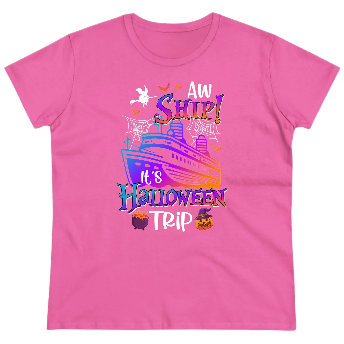 Aw Ship It's Halloween Trip Ladies Tee in Azalea