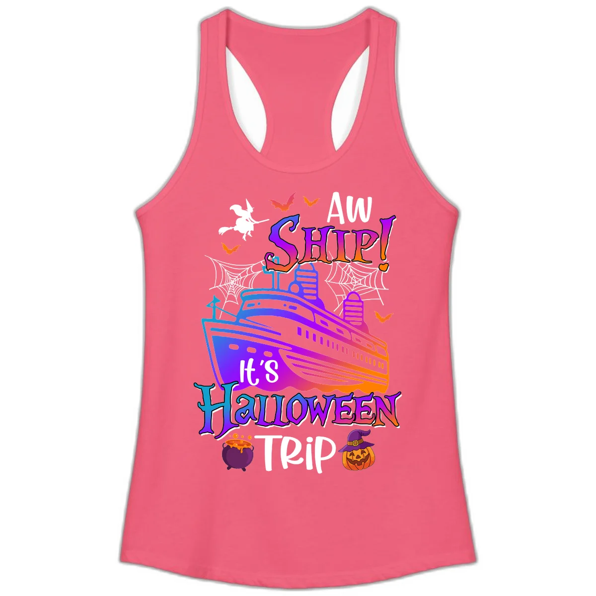 Aw Ship It's Halloween Trip Ladies Tank in Hot Pink