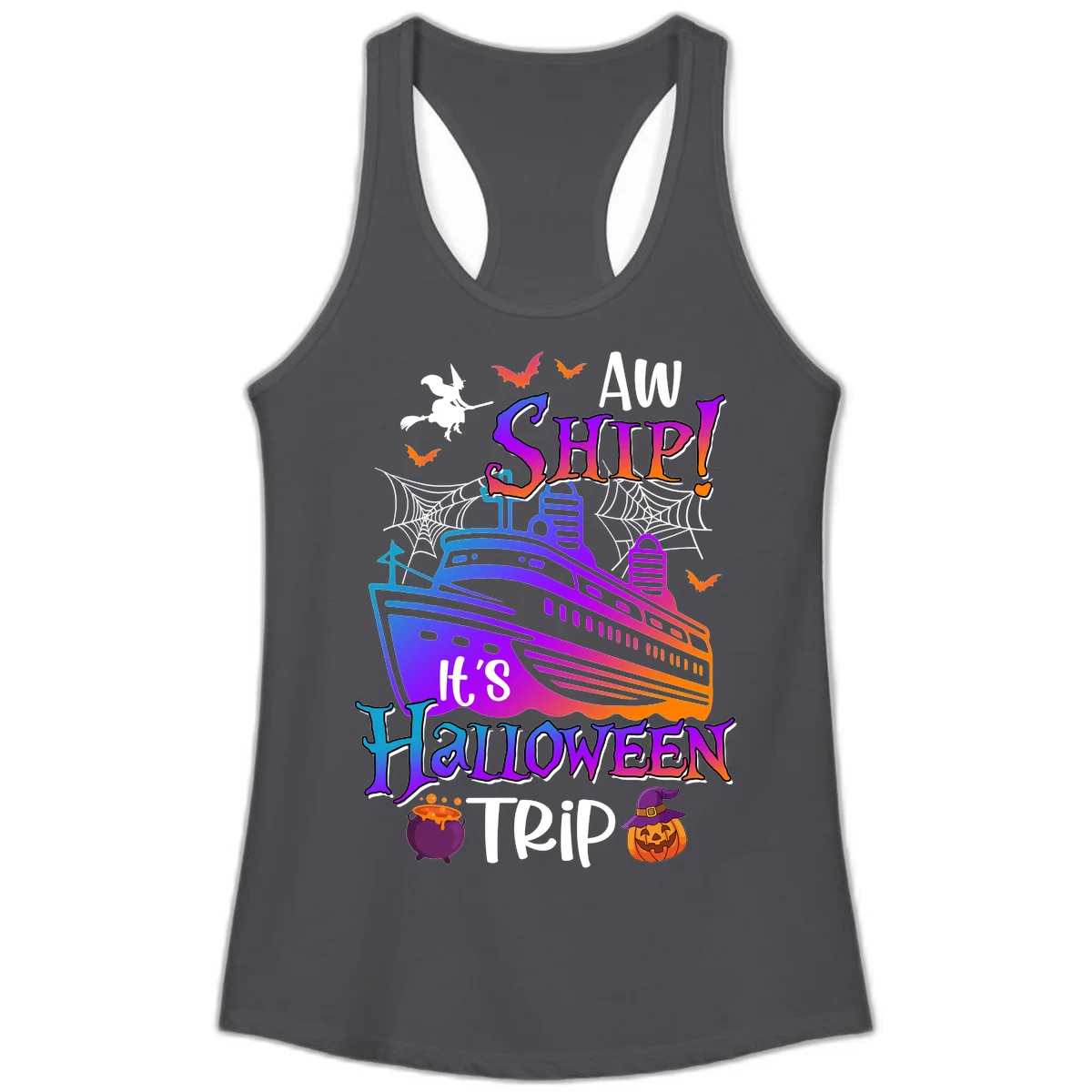Aw Ship It's Halloween Trip Ladies Tank in Solid Dark Gray