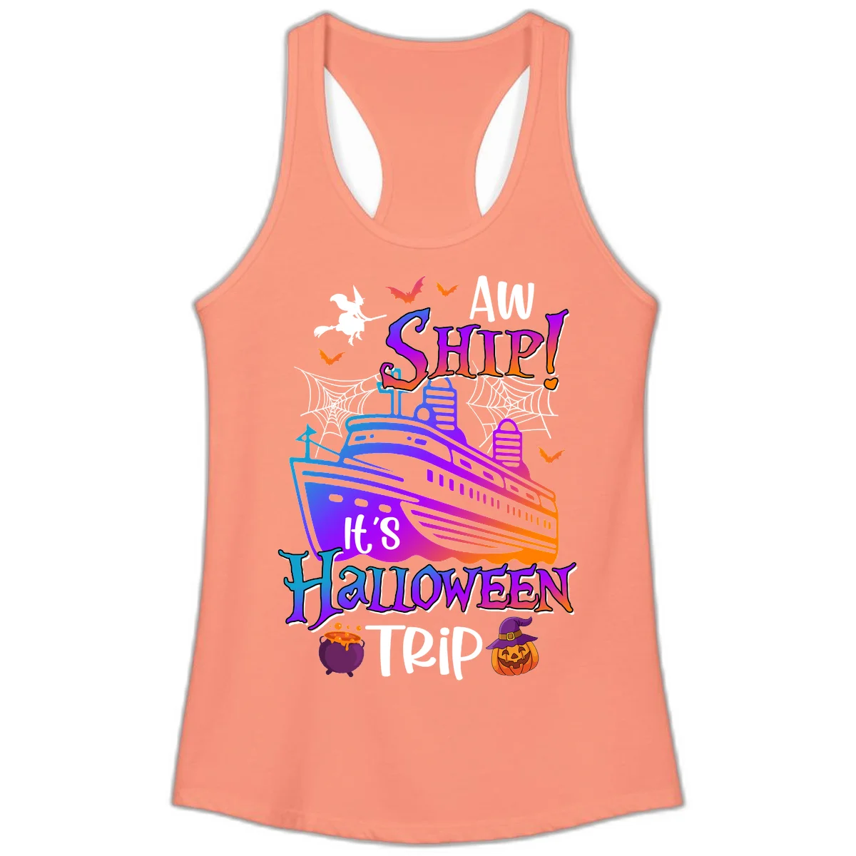 Aw Ship It's Halloween Trip Ladies Tank in Solid Light Orange