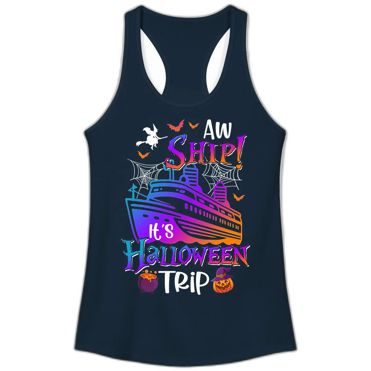 Aw Ship It's Halloween Trip Ladies Tank in Solid Midnight Navy