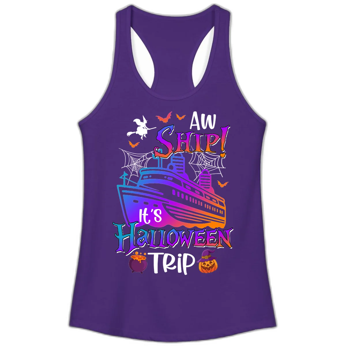Aw Ship It's Halloween Trip Ladies Tank in Solid Purple Rush