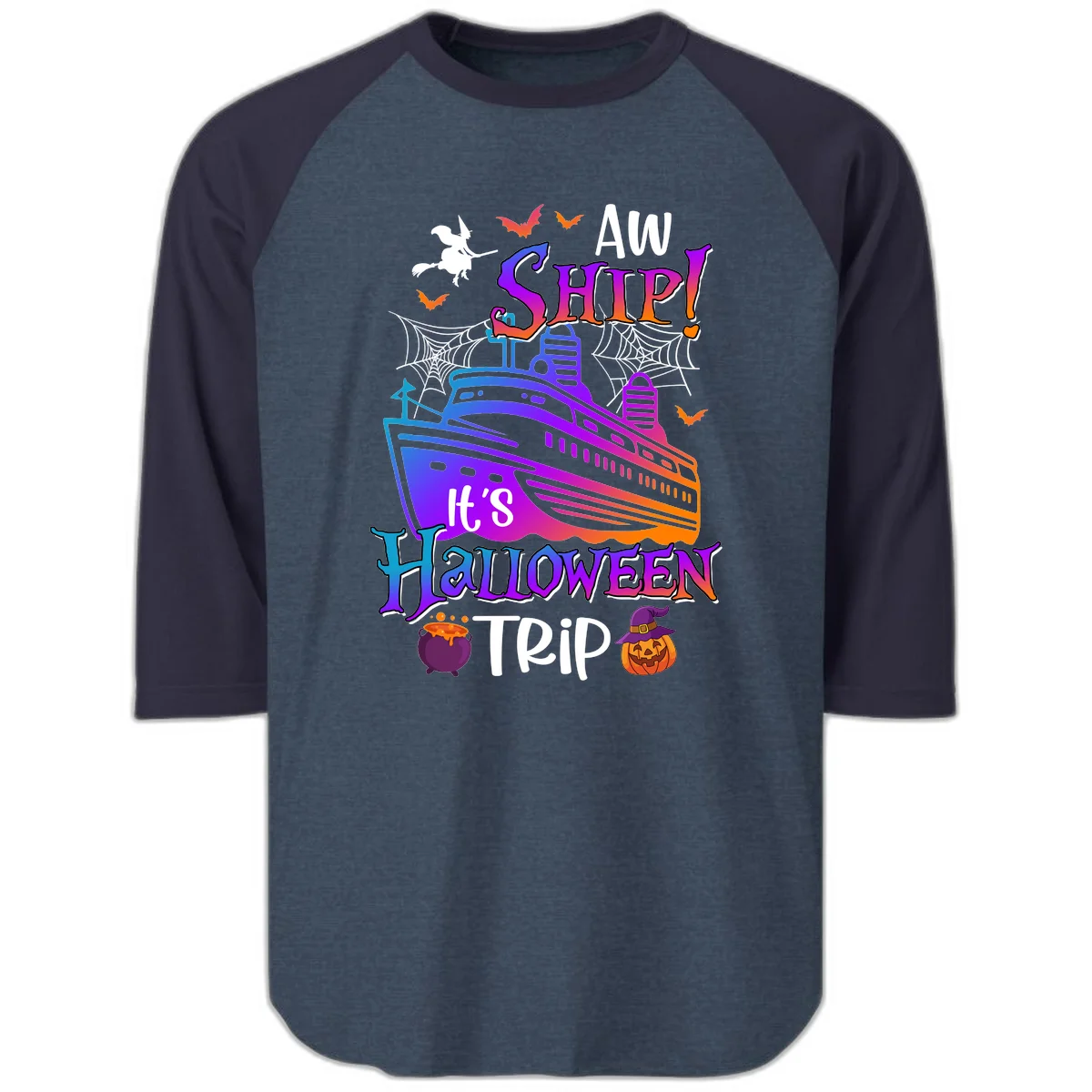 Aw Ship It's Halloween Trip Raglan 3/4 in Heather Denim Navy