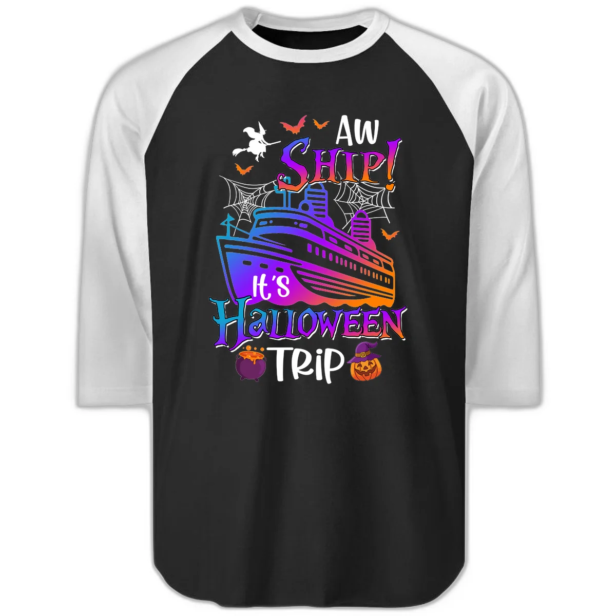 Aw Ship It's Halloween Trip Raglan 3/4 in Black White