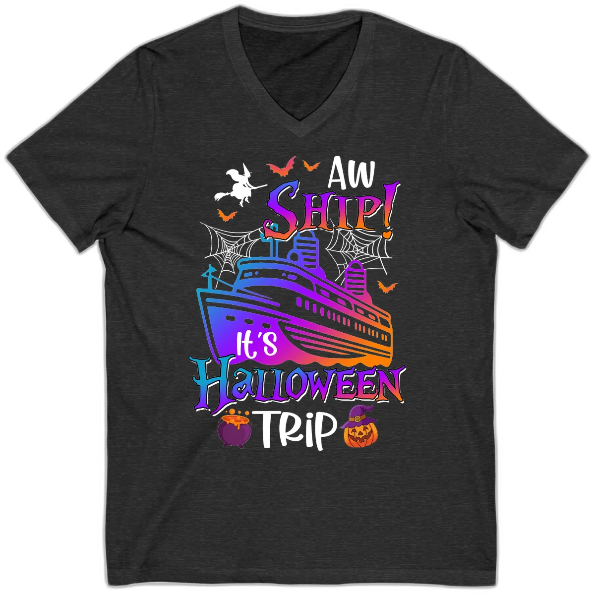 Aw Ship It's Halloween Trip V-Neck in Dark Grey Heather