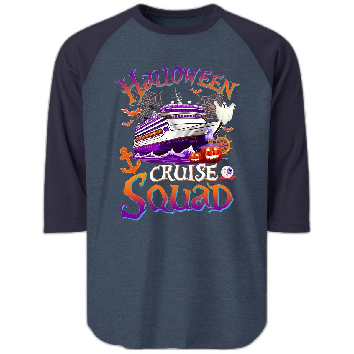 Halloween Cruise Squad Raglan 3/4 in Heather Denim Navy
